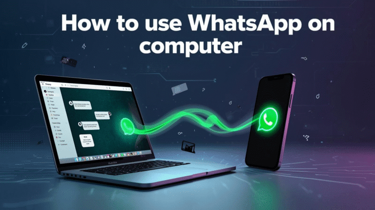 कंप्यूटर पर WhatsApp कैसे use करें - laptop screen पर WhatsApp Web interface दिखाता illustration
