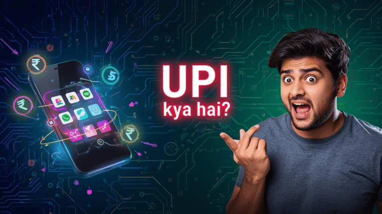 UPI kya hai - Unified Payments Interface digital payment guide in Hindi with smartphone and app icons