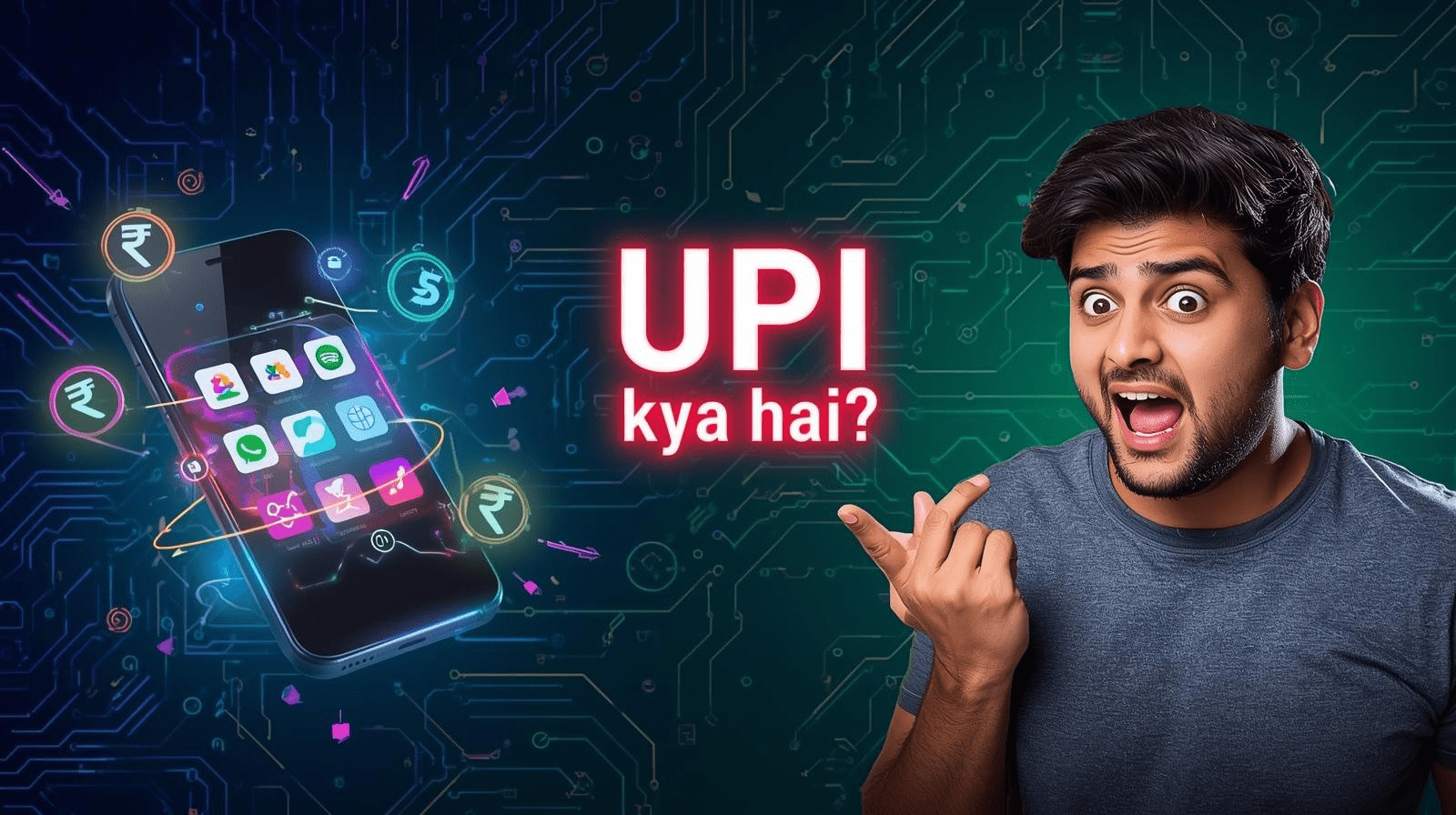 UPI kya hai - Unified Payments Interface digital payment guide in Hindi with smartphone and app icons